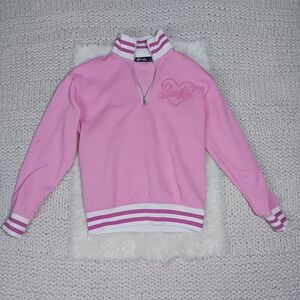 Barbie Women's Cozy Fleece Lined Quarter Zip Pink Embroidered Pullover Sweater